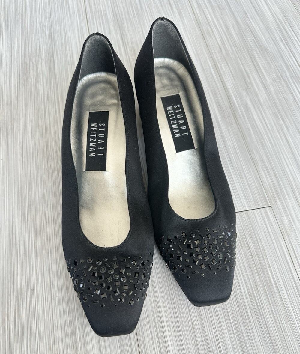 Stuart Weitzman Womens Black Satin Beaded Square Toe Block Heel Pumps US 7 W